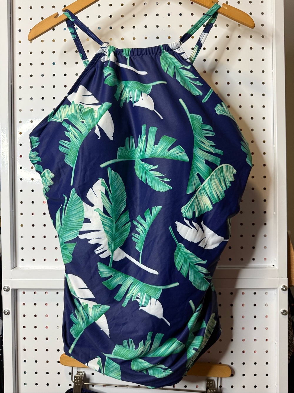 Women’s Navy Tropical High-Neck Tankini Set with Green Leaf Print - Picture 2 of 7